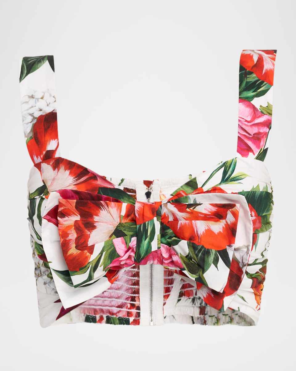 Anemone Lilly-Print Popeline Bow Crop Top
